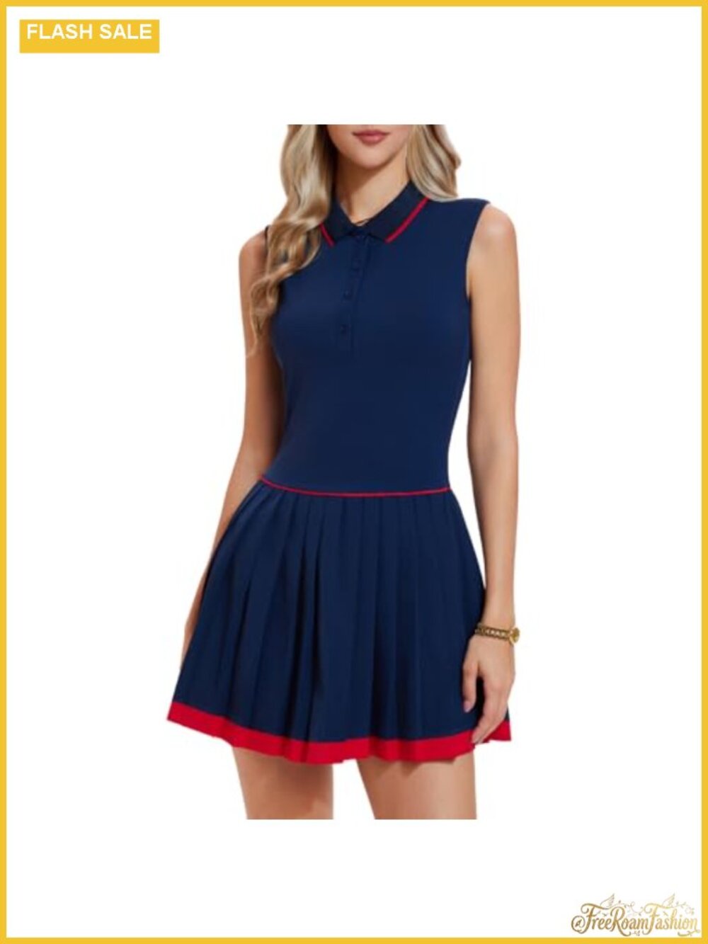 Tennis Dress with Ribbed Polo Collar Pleated Hem Athletic Sleeveless A-Line